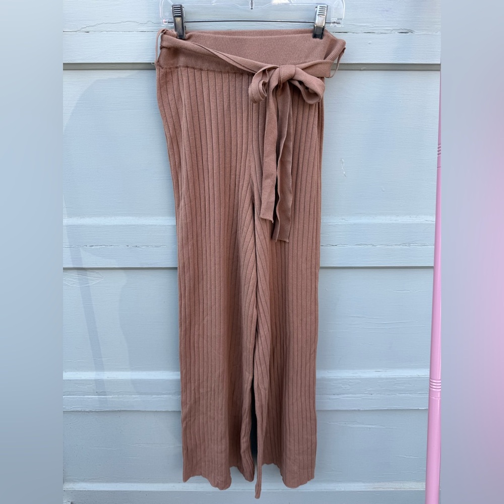 Love Tree Ribbed Knit Tie-Waist Wide Leg Pants - Brown